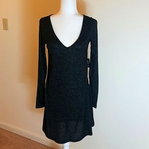 Express v neck long sleeve black marled swing dress size small